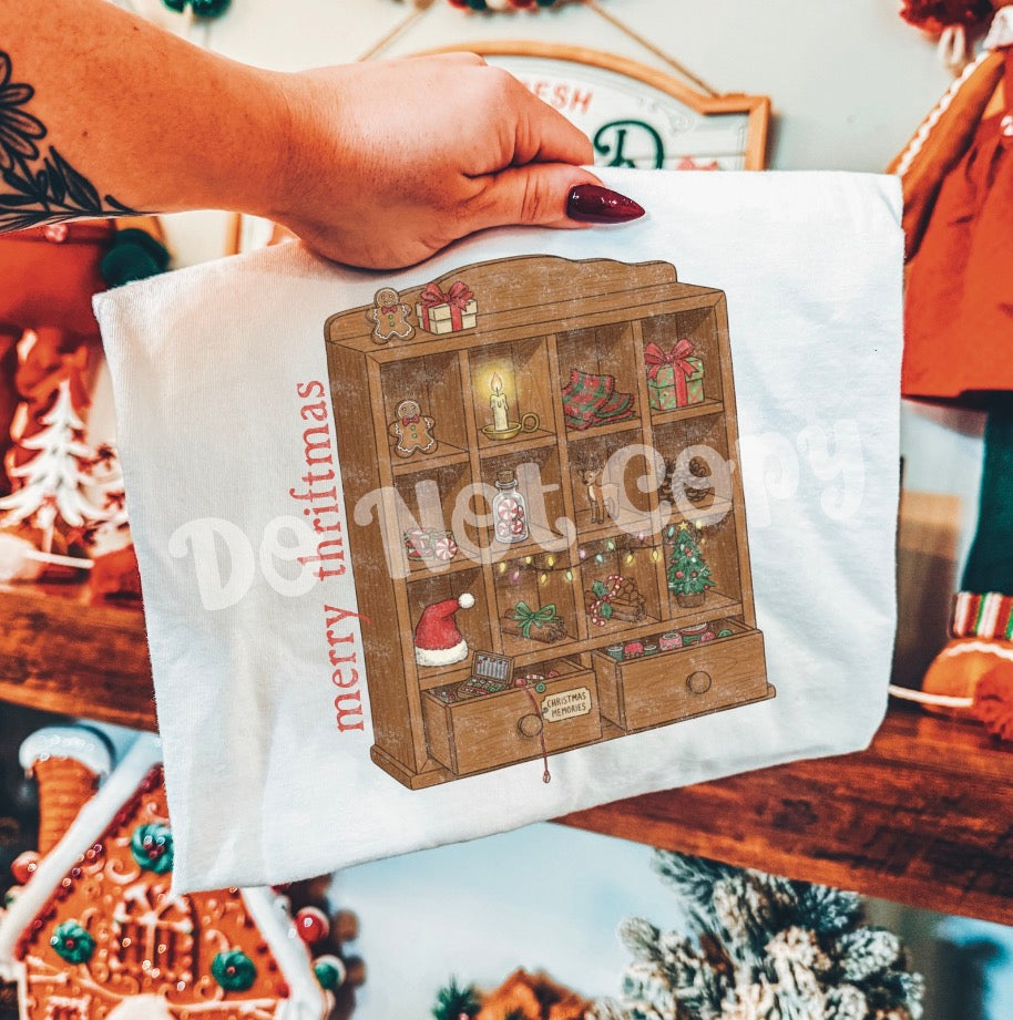 Merry Thriftmas trinket shelf