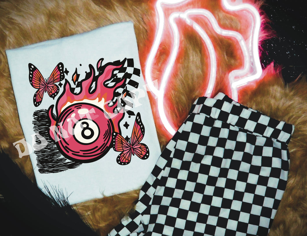 8 ball on fire with butterflies